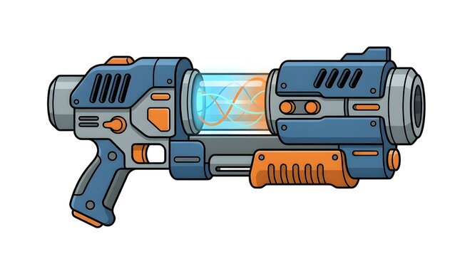 A high-tech futuristic energy blaster with a glowing blue and orange plasma core, featuring a modern sleek design in blue and orange colors isolated on a white background.