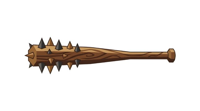 A weathered wooden baseball bat reinforced with sharp metal spikes, commonly used as a defensive weapon in survival or post-apocalyptic settings.