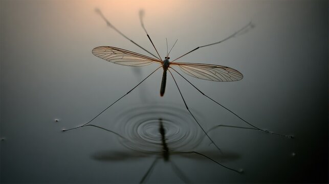 A delicate water strider insect with translucent wings gracefully glides on the reflective surface of still water at sunset