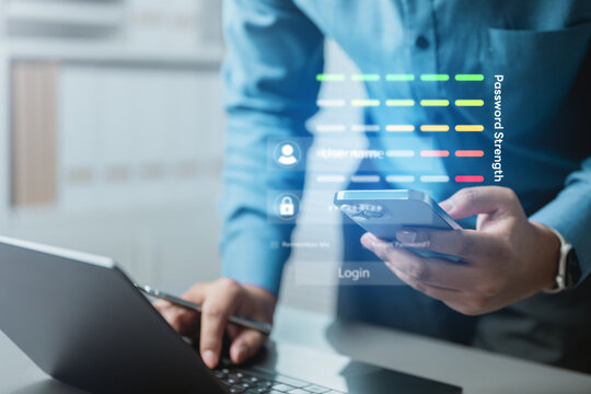 User checking password strength on smartphone with security meter, illustrating secure signup, authentication, and data protection in digital environment.