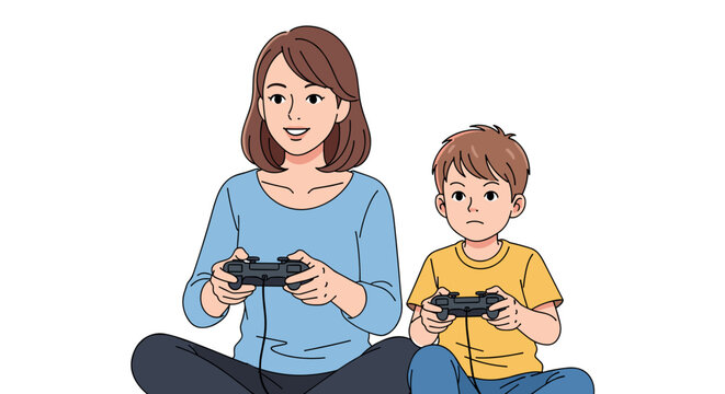 A mother and her son sit cross-legged, engrossed in playing a video game together, holding controllers with focused expressions.