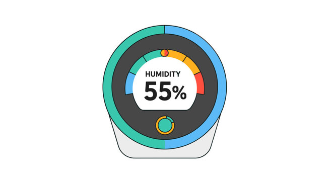 A modern, circular hygrometer displays a humidity level of 55% with a colorful gauge indicating various ranges of moisture in the air.