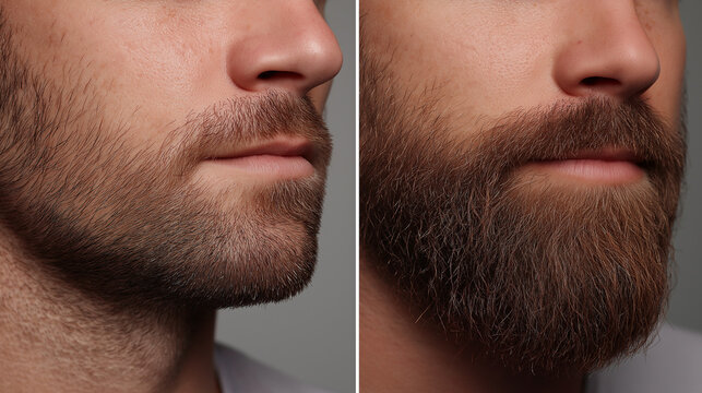 A detailed side-by-side comparison of a man's sparse facial hair on the left and a significantly thicker, more developed beard on the right, emphasizing beard growth potential.