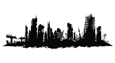 Destroyed city skyline silhouette against a white background © MdGolam