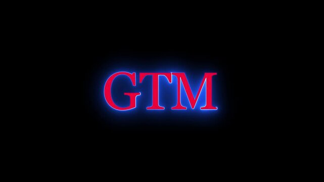 Neon glowing text GTM animation with vibrant blue outline and red fill effect against black background