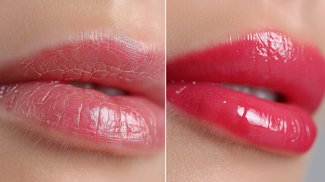 Close-up comparison of dry, chapped lips before and plump, hydrated lips with vibrant color and gloss after cosmetic application.