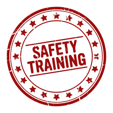 Red safety training stamp with stars and grunge effect isolated on white background