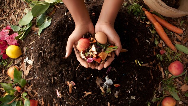 Person holding organic food waste for home composting