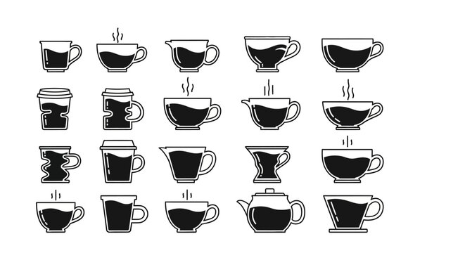 Different types of coffee cups and mugs with liquid levels including takeaway cups teapots and espresso glasses in outline style vector icons for menu design
