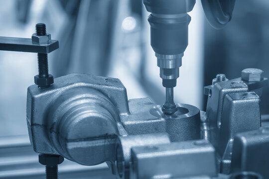 Advanced industrial robotic arm performing chamfering process on cast iron parts in a blue-toned smart factory.