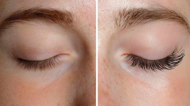 A side-by-side comparison shows a woman's eyes with natural eyebrows before and after a brow lamination and tinting procedure, highlighting improved shape and color.