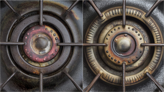 A close-up comparison of a dirty stove burner, stained and grimy on the left, is juxtaposed with a gleaming, spotless burner on the right after cleaning.