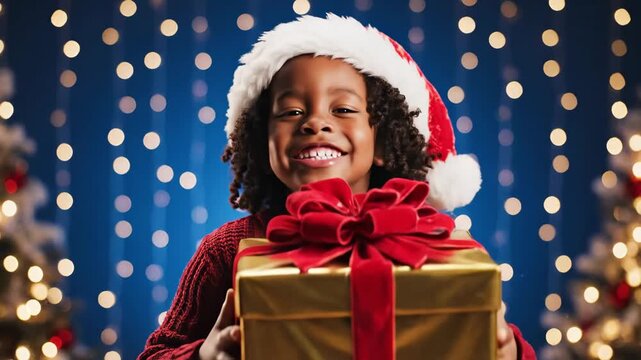 Happy Child with Christmas Gift - A smiling curly-haired child wearing a Santa hat and red sweater holds a gold wrapped gift box with a red bow.