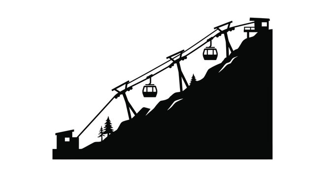 Aerial tramway on a mountainside black silhouette