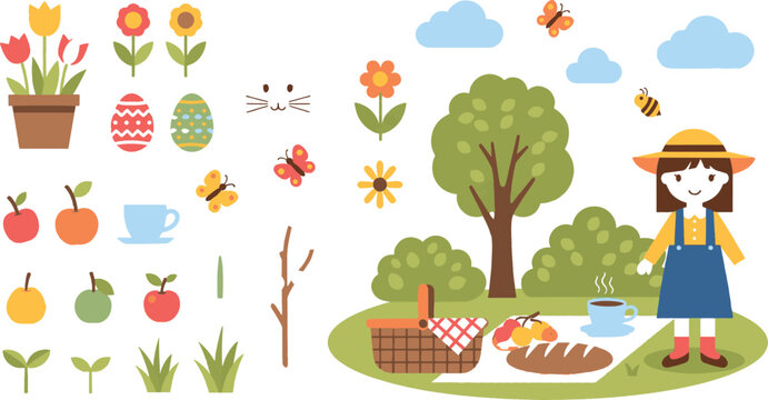 Spring Picnic Garden and Cute Girl Character Illustration Set