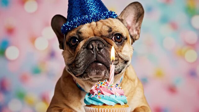 French Bulldog Birthday with Cupcake - An adorable French bulldog wearing a blue party hat holds a pastel colored cupcake with a lit candle.