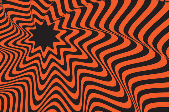 Psychedelic optical illusion background, distorted orange and black wavy lines, trippy hypnotic pattern for creative posters and digital art