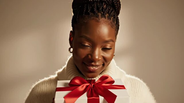 Happy African Woman Holding Gift Box - Studio portrait of an African woman wearing a soft sweater, gently smiling and looking down at a beautifully wrapped gift box with a bright red bow.