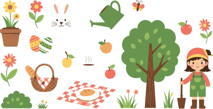 Spring Garden Picnic and Cute Farm Girl Illustration Set