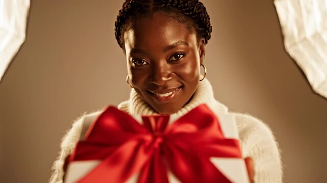 African Woman Holding Gift Box - A beautiful African woman wearing a soft sweater smiles gently as she holds a wrapped gift box with a red bow.