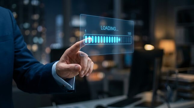 Futuristic interface showing system loading process with a blue neon bar and percentage counter for data processing and innovation concepts