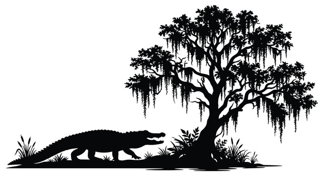 Alligator and spanish moss tree silhouette high quality