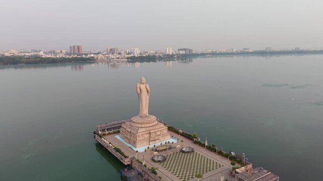 Aerial shot of Buddha Statue at Hussain Sagar Lake in Hyderabad, India