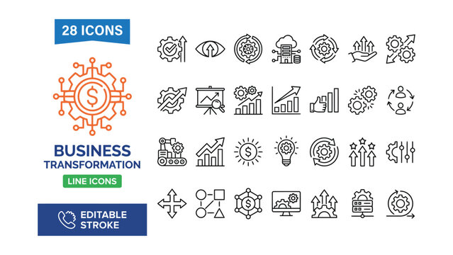 Business Transformation icon set. Contain icons related to Business, growth, transformation, optimization, innovation, strategy,  process, and more. Editable stroke. Vector illustration.