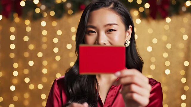Asian woman holding a red gift card for holiday promotion - A smiling Asian woman in a red shirt holds a red gift card close to her face, against a shimmering gold background.