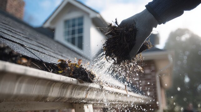Gloved hand removes debris from clogged house gutter, water spraying