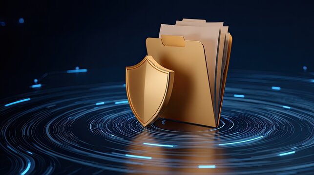 Golden shield protects folder of documents on swirling digital background