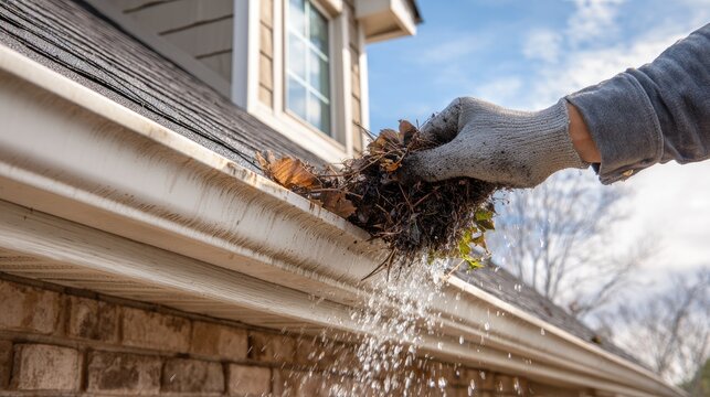 Hand in glove clearing clogged gutter filled with leaves, debris, and water