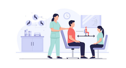 Fototapeta premium Physical therapist assisting patient with seated exercise in clinic
