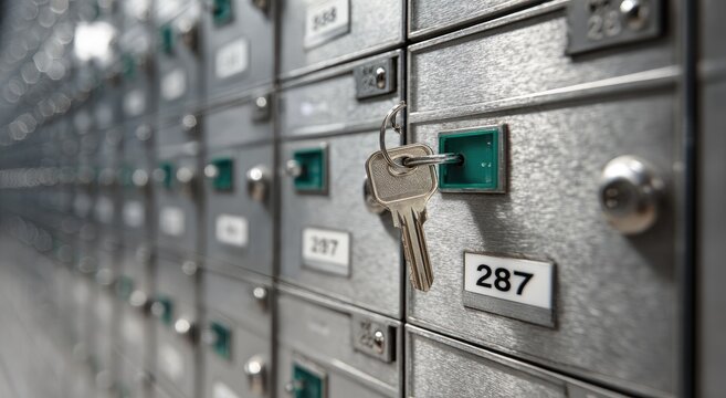 Row of numbered safe deposit boxes with a key in one lock