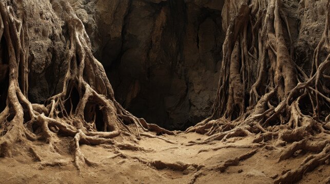 Gnarled roots of an ancient tree exposed by erosion create a textured ground path leading into a dark cave opening.