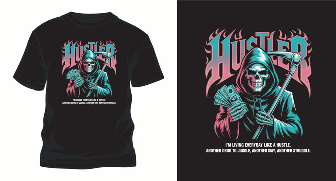 Grim reaper hustler t shirt design with money and flames.