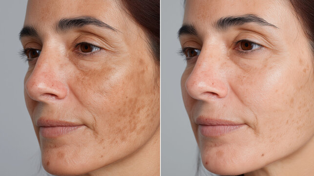 A side-by-side view of a middle-aged woman's face, revealing significant hyperpigmentation and wrinkles on the left, and a brighter, smoother skin tone on the right.