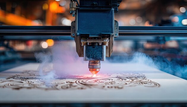 Industrial laser cutter etches intricate detail into a wooden surface