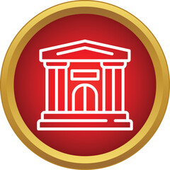 Naklejka premium White outline of a building with columns and pediment inside a round red button with gold border