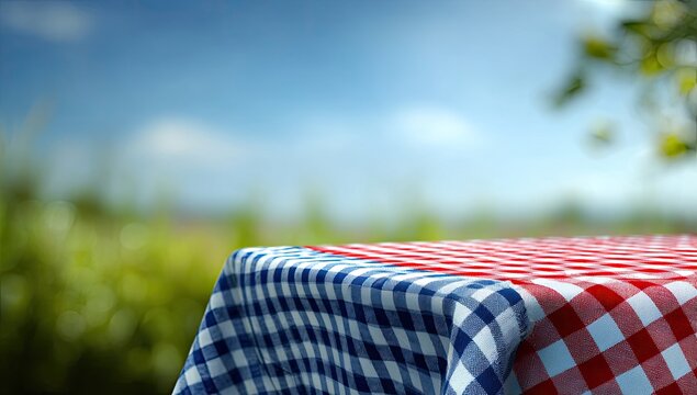 Picnic Table Covered With Red And Blue Gingham Cloth Outdoors.