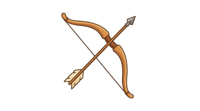 A traditional wooden bow crossed with a flint-tipped arrow. Hand-drawn vector illustration of prehistoric hunting equipment for survival and archery themes.