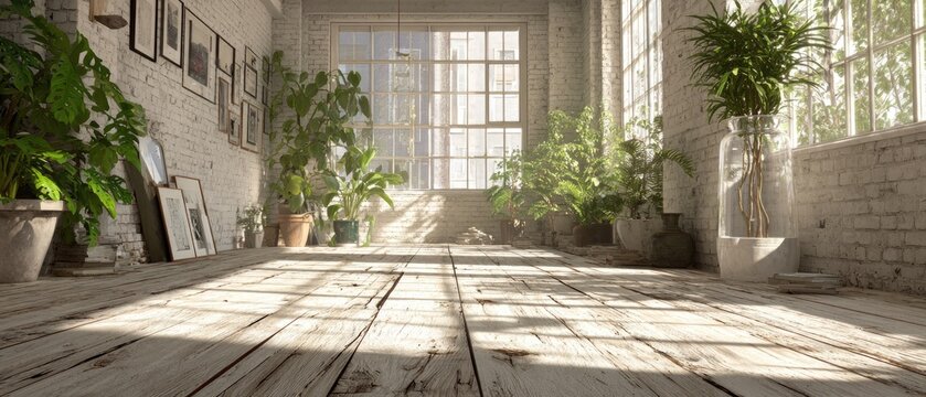 Sunlit studio with plants, artwork, and weathered wood floor