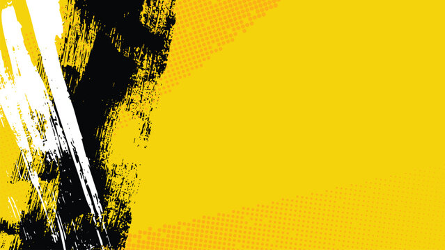 A yellow background with slanted, contrasting black and white streaks and halftone dots.