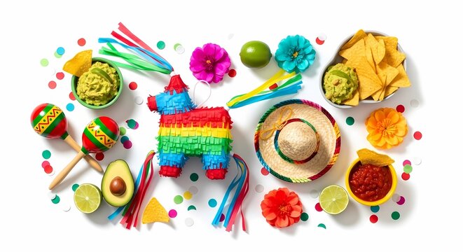 Colorful party scene with pinata maracas guacamole chips and decorations
