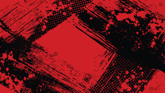 A red background with slanted black brushstrokes and red paint splatters all over it.