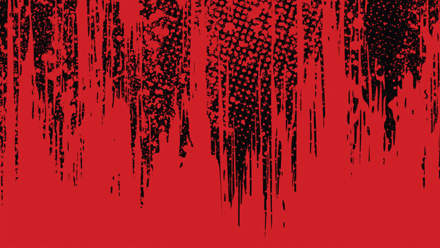 A red background with black stains flowing downwards and halftone dots.