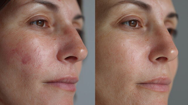 A comparison shows a woman's face with a noticeable blemish and uneven skin tone on the left, contrasted with a clear and smooth complexion on the right after treatment.