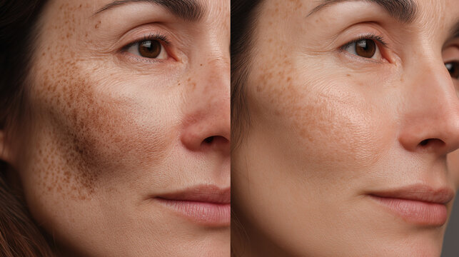 A woman's facial skin is split, with the left side showing significant hyperpigmentation and dark spots, and the right side revealing a dramatically improved, clearer, and more even complexion.