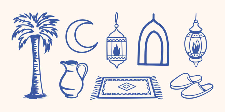 Arabian Decor Doodle Icon Set with Hand Drawn Vector Elements Featuring Traditional Middle Eastern Ornaments and Decorative Symbols