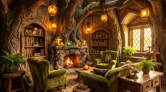 Enchanted elf living room with magical woodland decor, cinematic fairycore fantasy interior realism.